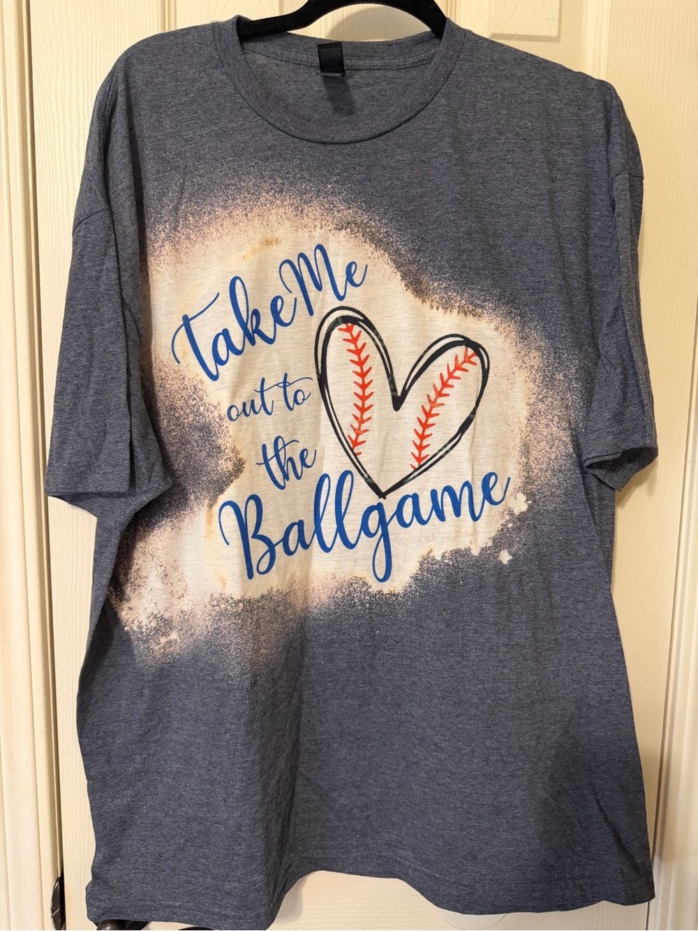 Gildan Blue Graphic Tee with Baseball Heart and Red Stitching